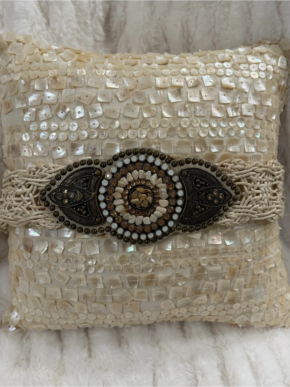 Leatherock Mother-of-Pearl Woven Clutch in Ivory and Gold-Tone Accents